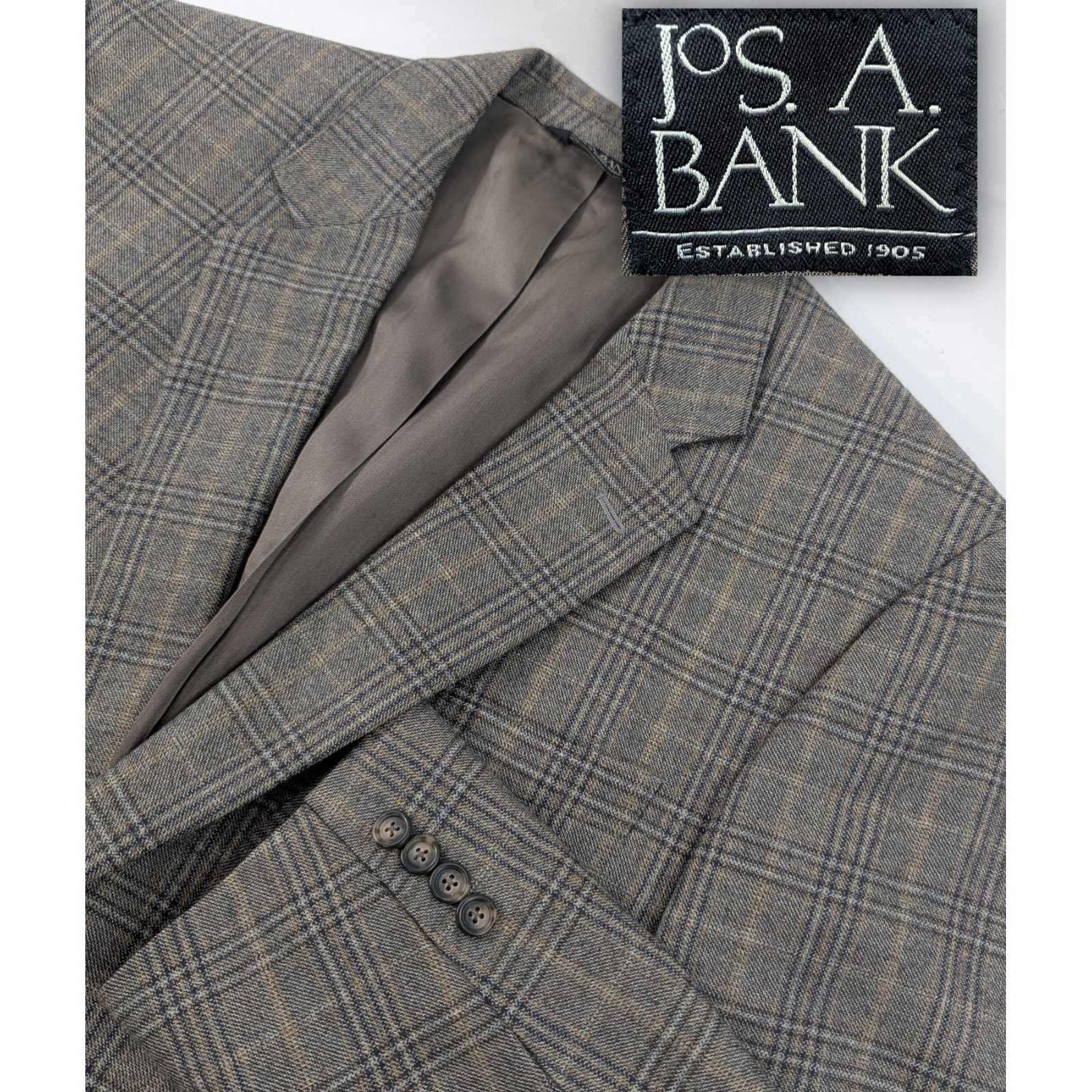 Jos. A. Bank Blazer Sport Jacket 100% Wool Prince Of Wales Plaid Gray 44r 46"